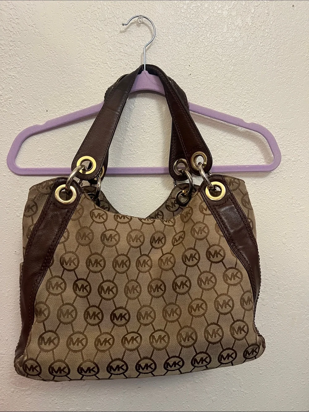 Michael Kors Beige and Brown Signature Drawstring Shoulder Bag